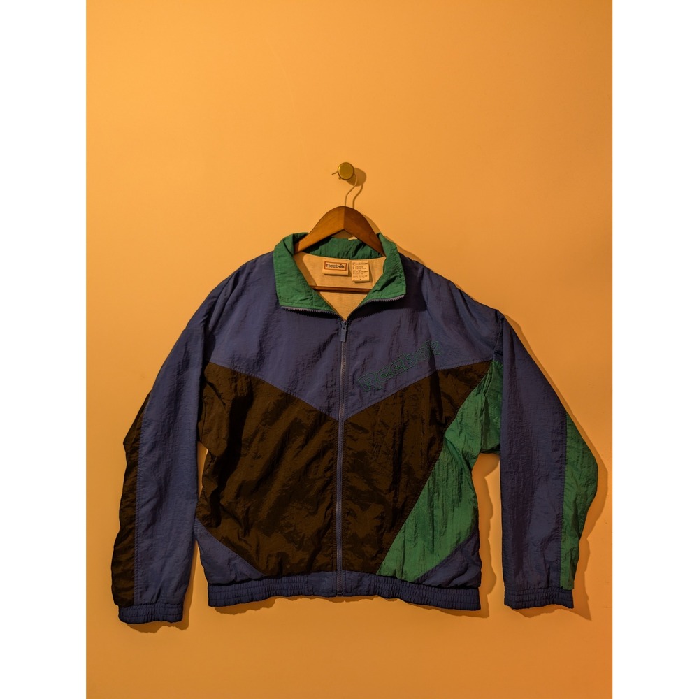 Reebok Windbreaker Mens Medium Blue Green Excellent Vintage 90s Colorblock